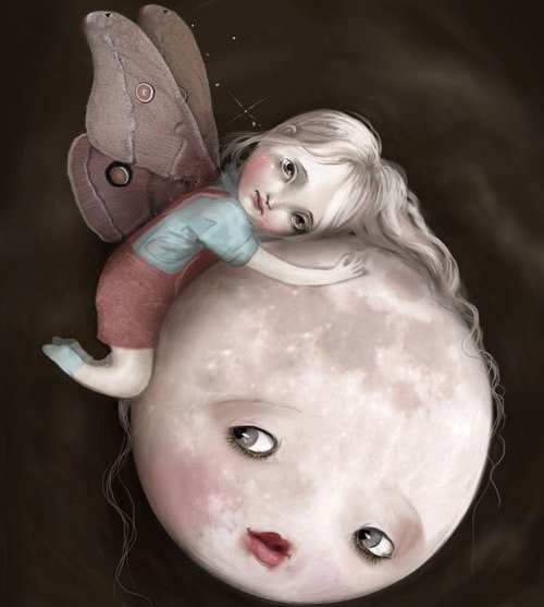 sad child with wings hugging moon