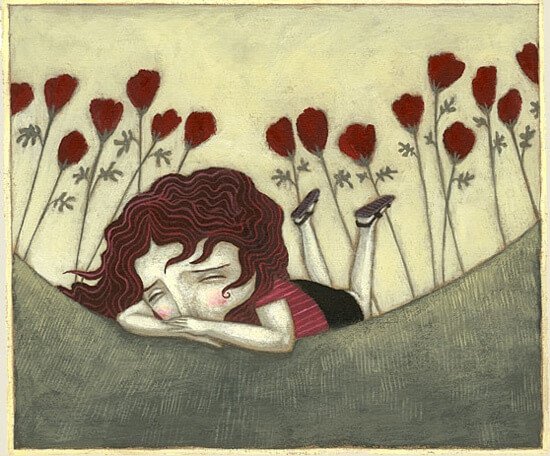 sad girl among flowers