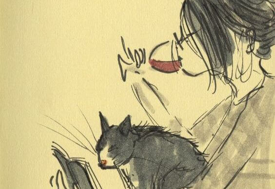 woman with wine, cat, and book