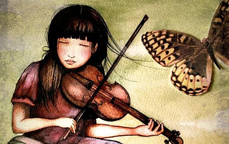 girl playing the violin with a butterfly