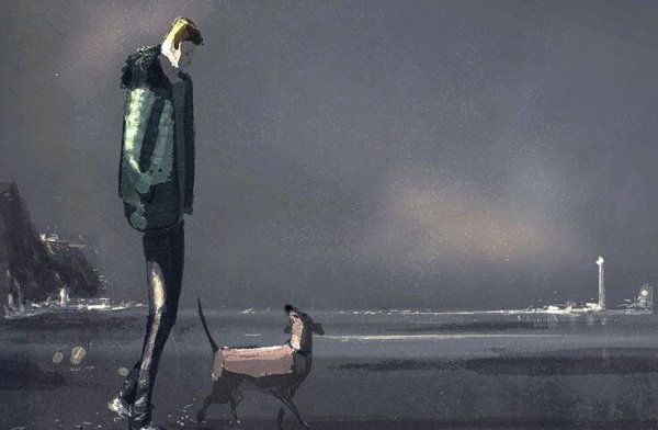 man and dog on beach