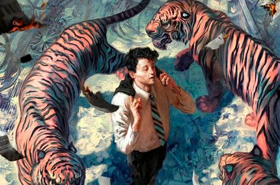 man surrounded by tigers