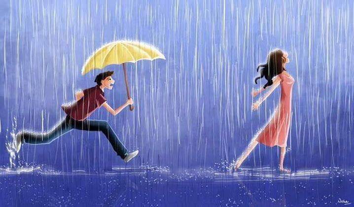 여자친구를 쫓아가는 우산을 든 남자: 떨어져 있어서 키스는 못해도 그것이 나의 열렬한 사랑을 막지는 못해
