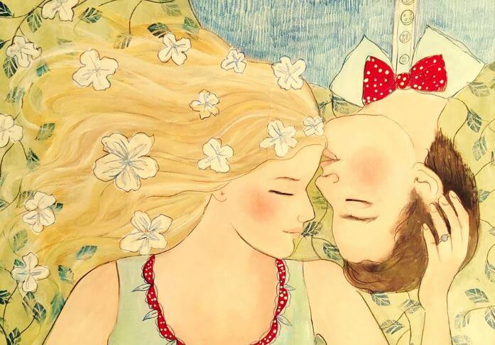 Couple Lying Man Kissing Woman's Forehead