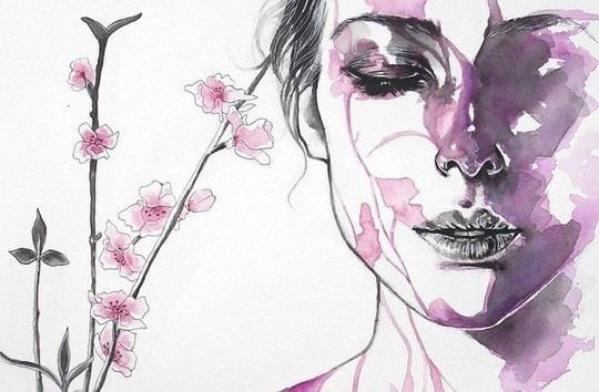 Kvinne og blomst i akvarellmaling