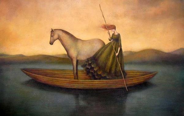 woman and horse on boat