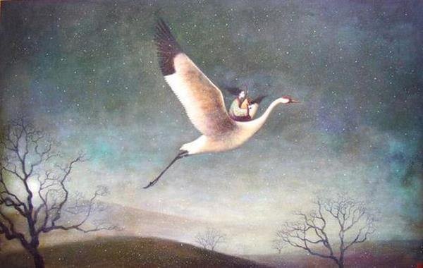 woman riding on a bird