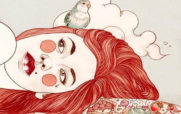 woman with a bird on her head
