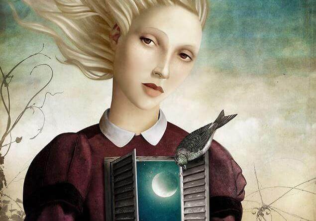 woman with a window on her chest where the moon can be seen