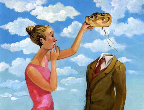 Woman Pulling Man's Mask Off