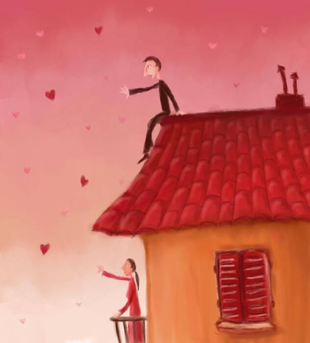 man-on-roof-trying-to-catch-floating-hearts