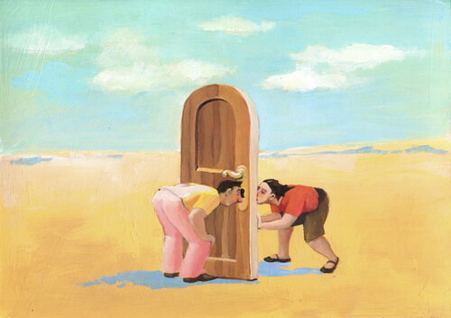 People Looking Through Key Hole