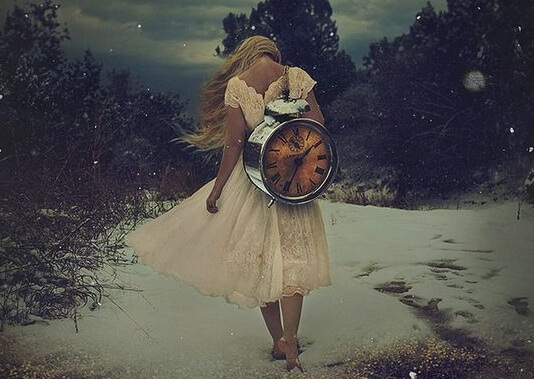 woman carrying a clock