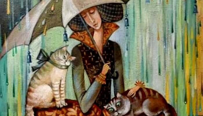 woman-in-the-rain-with-umbrella-and-two-cats