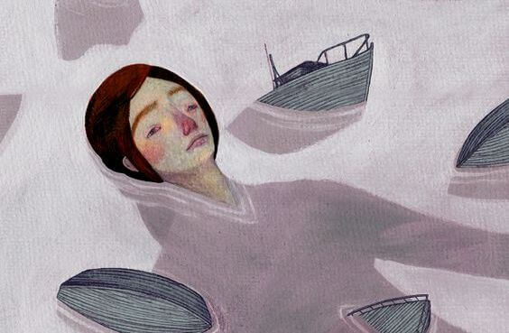 woman sinking with ships