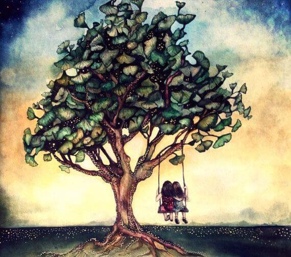 Friends Swinging from Tree