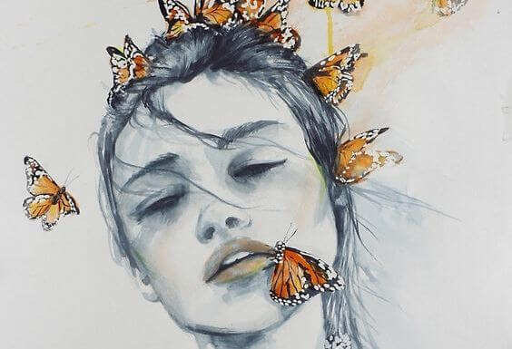 butterflies on woman's face