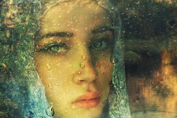 Sad Woman's Face Raindrops