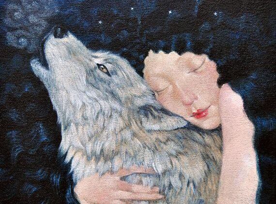 Woman Hugging Wolf