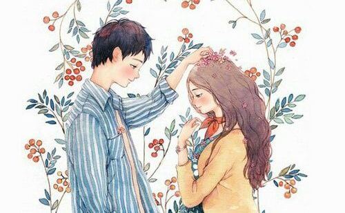 boy putting flowers on girl