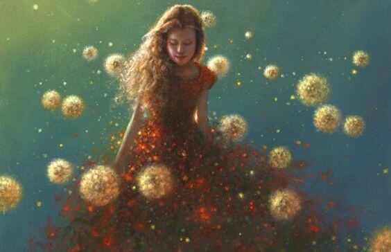 girl surrounded by dandelions