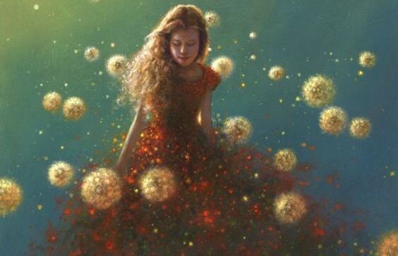 girl surrounded by dandelions
