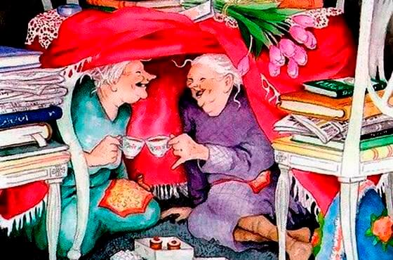 old women in blanket fort