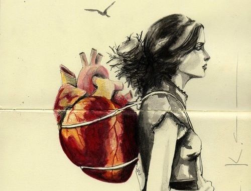 woman carrying heart on back
