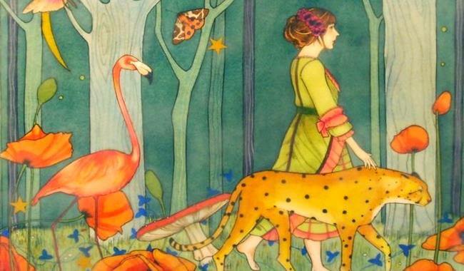 재규어와 플라밍고와 걷는 여인