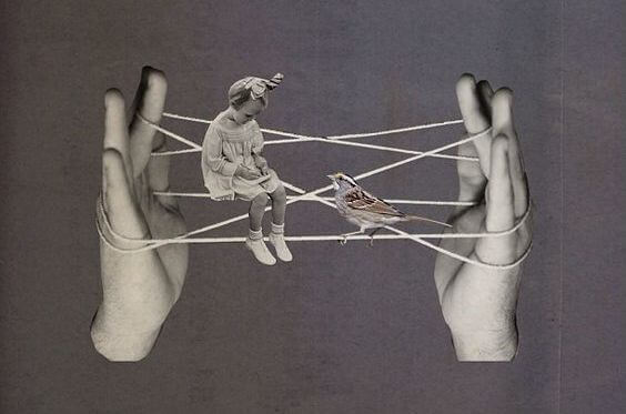 Girl Balancing on Strings Between Hands