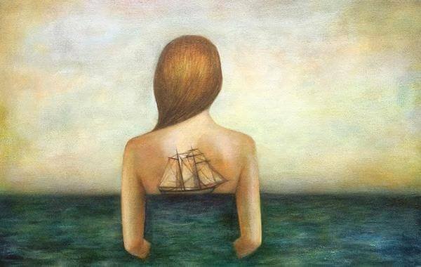 Kvinna med hav och skepp