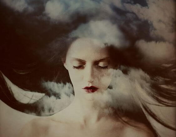 Woman Eyes Closed in Clouds