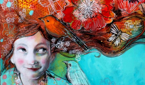 bird in woman's hair