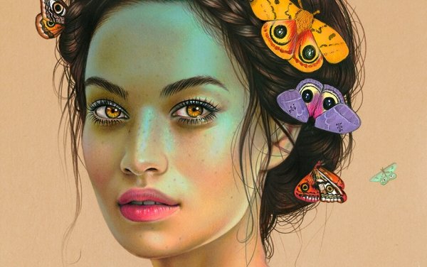 butterflies in woman's hair
