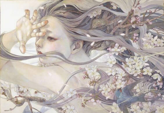 Woman with Flowers and Flowing Hair