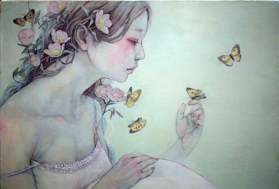 Woman with Flowers and Butterfly on Hand