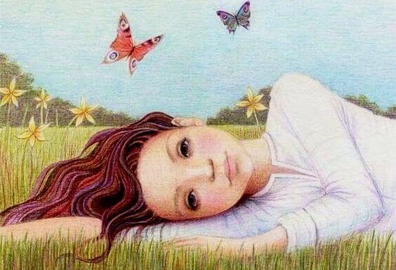 Girl Lying on Grass near Butterflies