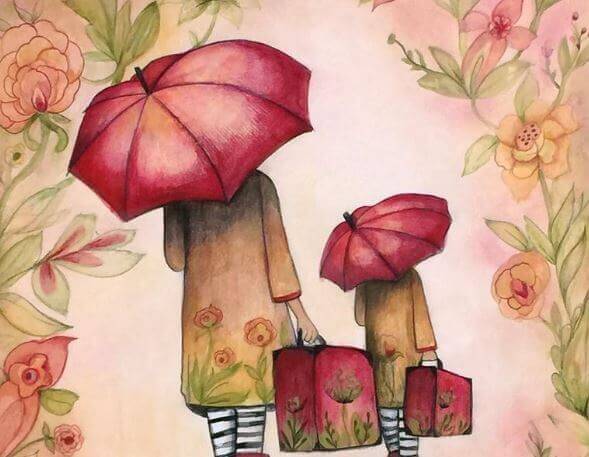 Mother and Daughter with Suitcases Umbrellas