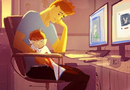 Dad and Sleeping Child at Computer