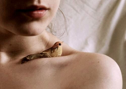 bird on girl's shoulder