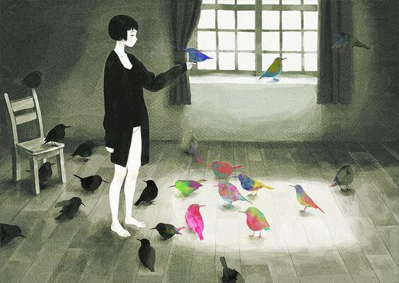 colorful birds in black and white scene