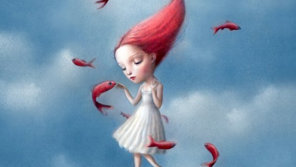 fish flying around girl