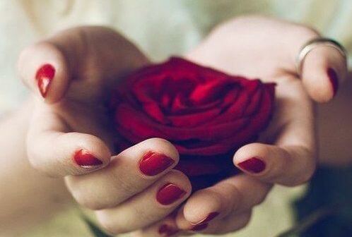 hands with red nails holding red rose