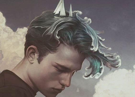 man with ocean as hair