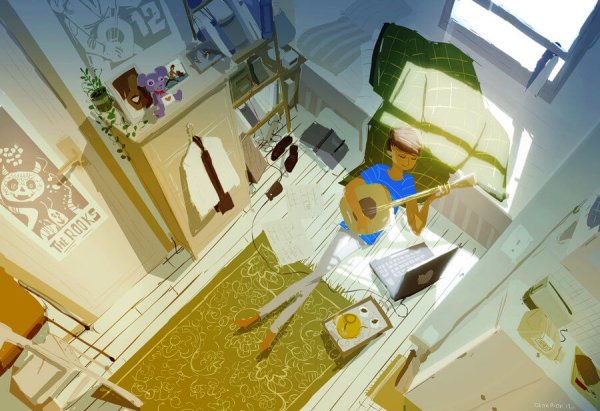 playing guitar on floor