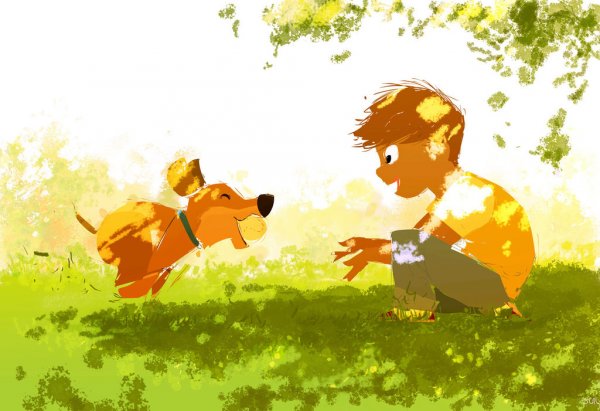 boy playing with dog