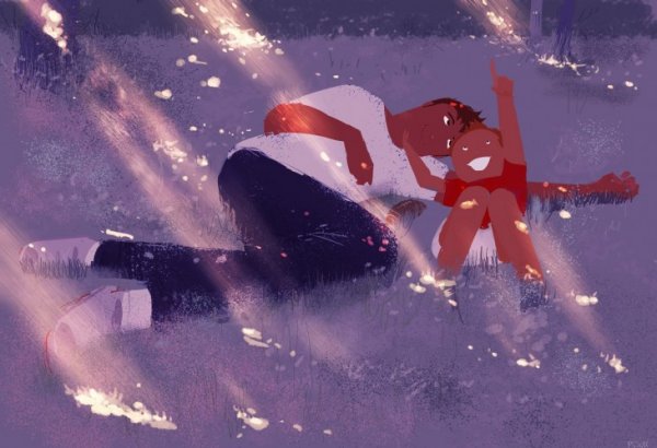 father and son looking at sky