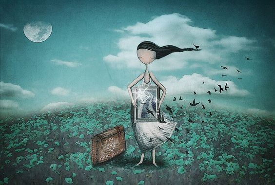 girl with birds holding painting