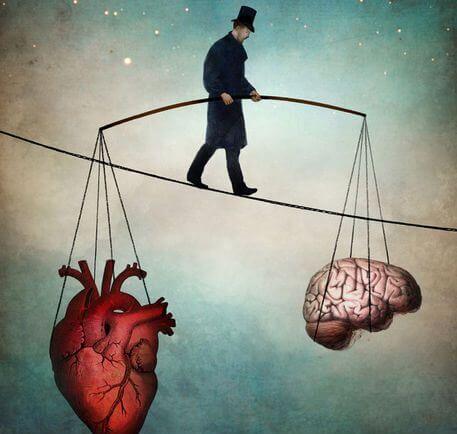 man on tightrope balancing heart and brain
