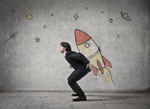 man with rocket on his back